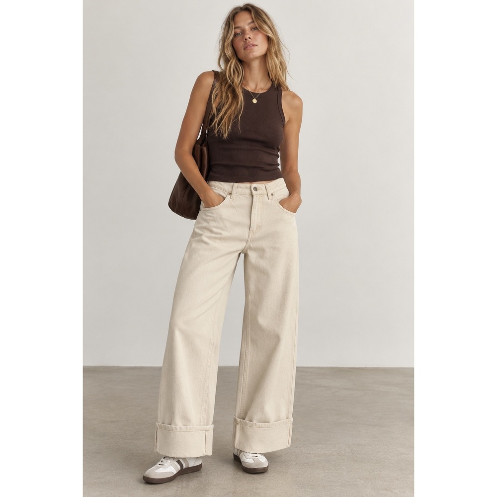 Mango MNG Wide Leg Cuffed Jeans Cream Off White High Waist Size 4 27 100% Cotton